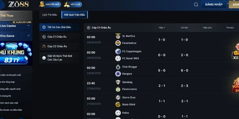 Kết quả bóng đá ZO88 mới nhất